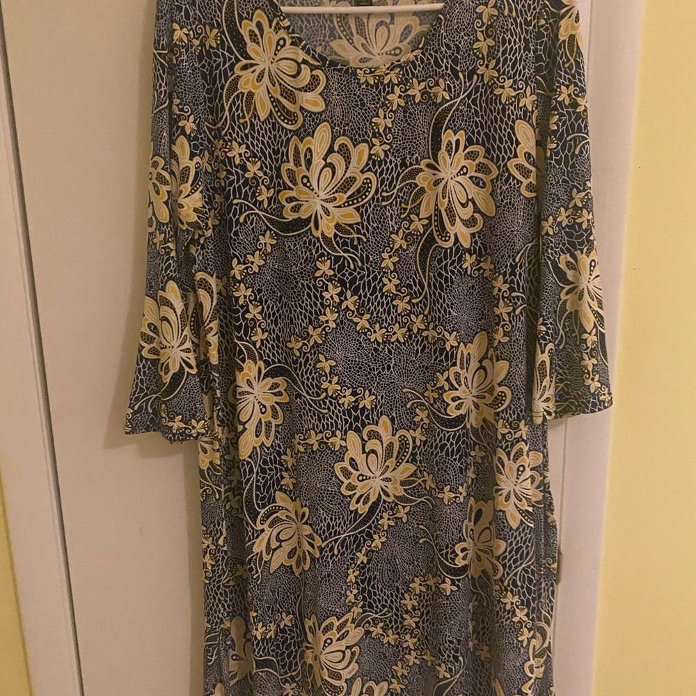 Floral Patterned Dress - Navy and Yellow